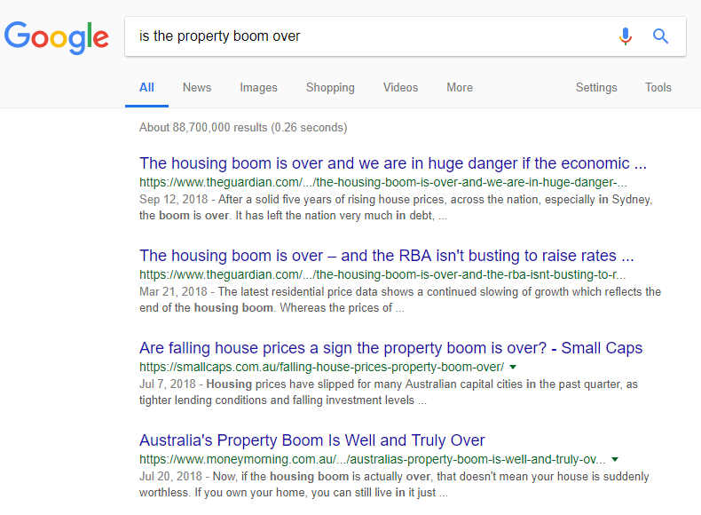 Google search results for 'is the property boom over'