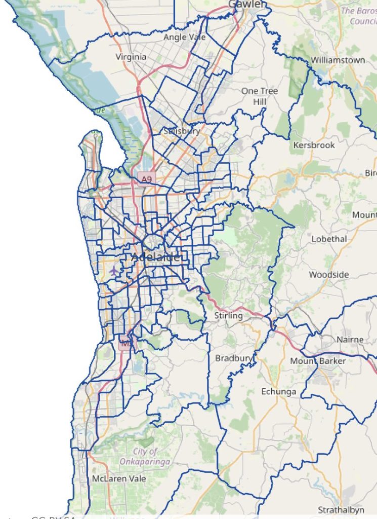 Map showing all of the suburbs of Adelaide